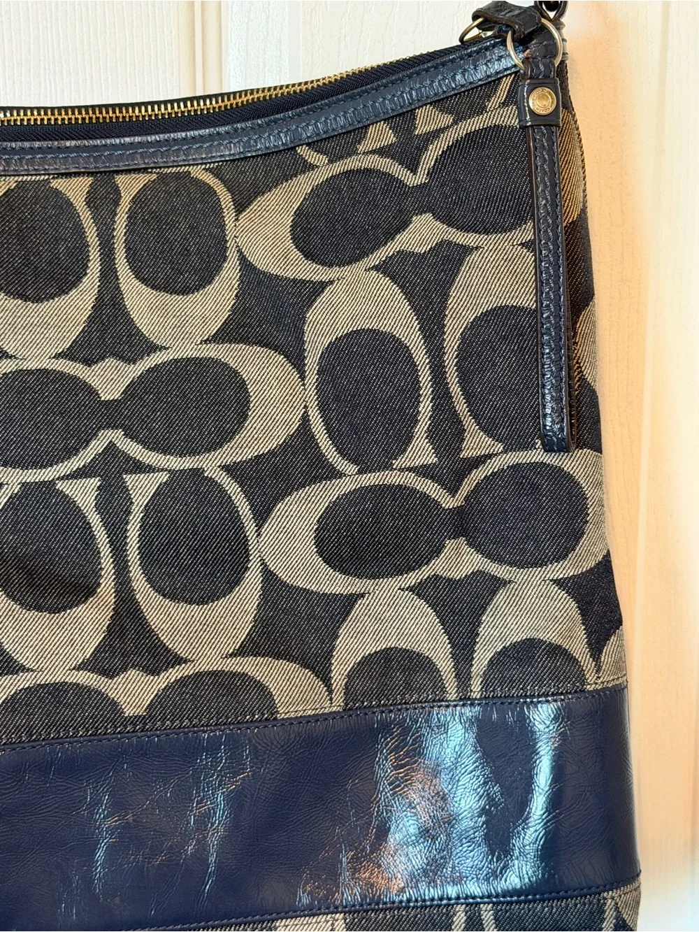 Coach Signature Hobo Shoulder Bag Navy Blue & Tan
